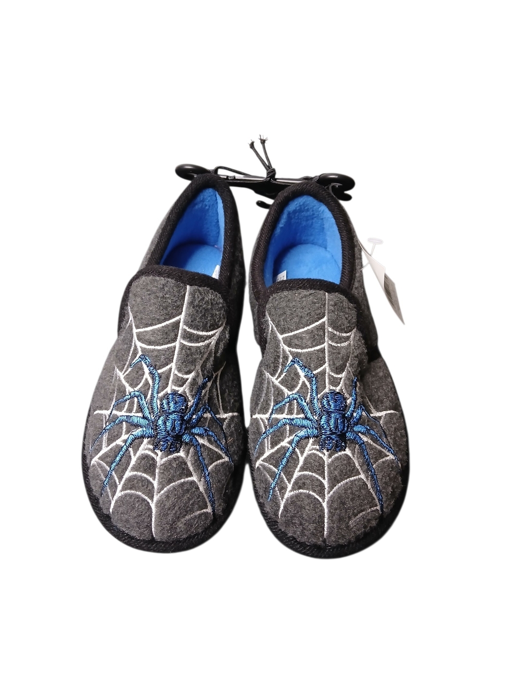Kids Gray Spider Slipper Shoes with Blue Spider And White Web Accent